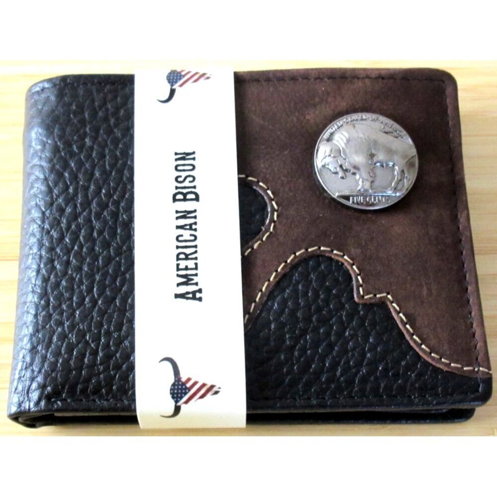 American Bison Buffalo Nickel 2 Tone Rodeo Bifold Leather Wallet Black Brown NEW - Picture 7 of 7